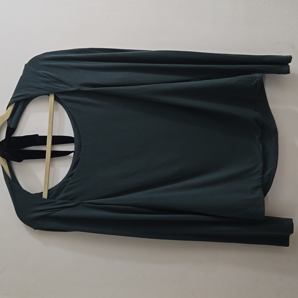 J. Crew Womens L FormKnit Open Back Top With Velvet Bow Green Long Sleeve Tee